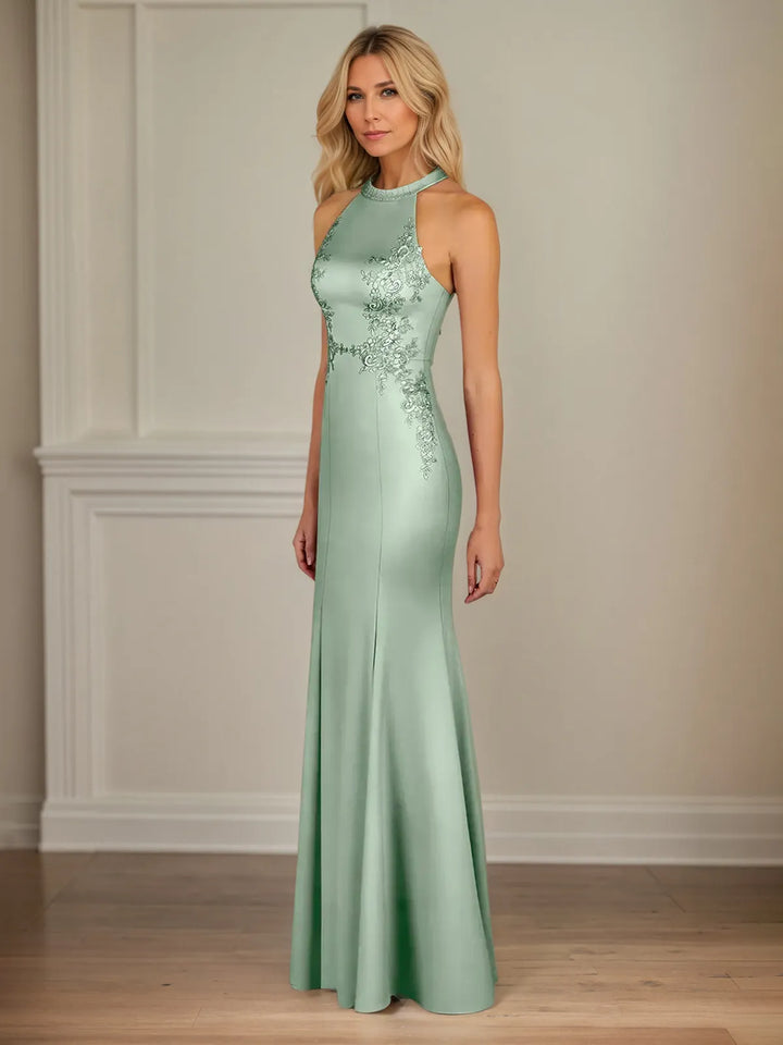 Mermaid Halter Neck Sleeveless Satin Dress with Pleats – Floor-Length Trumpet Style