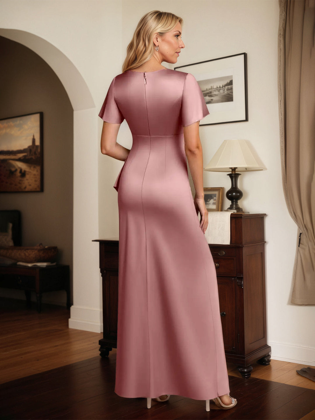 Satin Sheath Dress with V-Neck, Short Sleeves, and Floor-Length Design