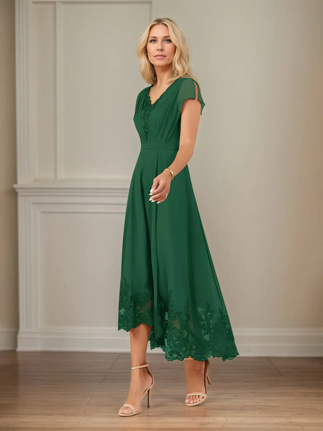 A-Line V-Neck Flutter Sleeve Chiffon Dress with Appliques and Ankle Length