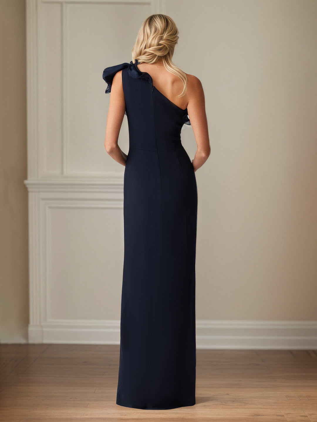 Navy Stretch Crepe One-Shoulder Sheath Dress with Ruffles – Floor-Length Mother of the Bride Gown