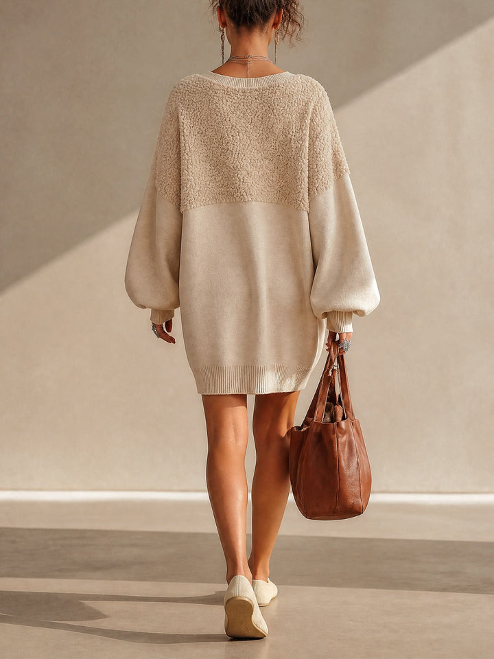 Beige V-neck oversized mini dress with fleece paneling