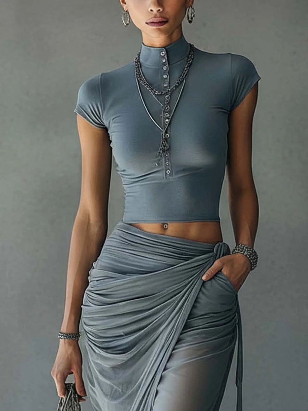 Jasmine | Ensemble Top Court et Jupe Drapée en Mesh Transparent