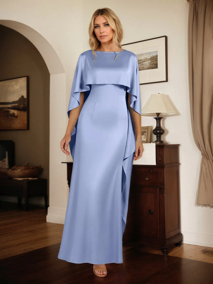 Floor-Length Sheath Dress with Crepe Fabric, Boat Neck, and Cape Sleeves
