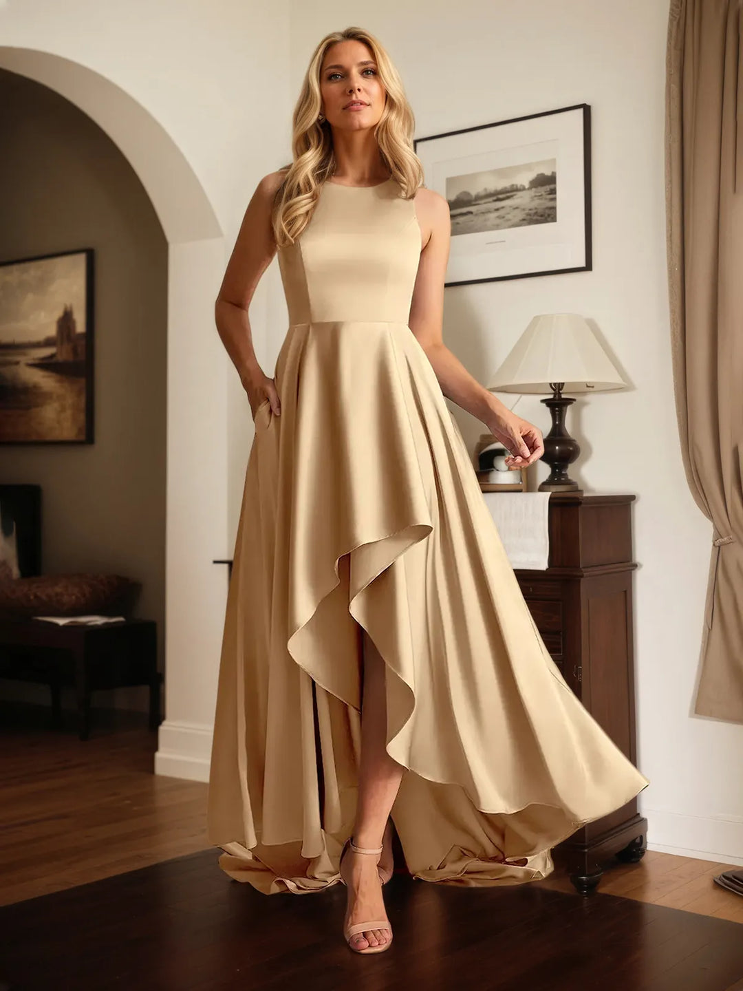 Satin A-Line Sleeveless Dress with Scoop Neck and Asymmetrical Hem