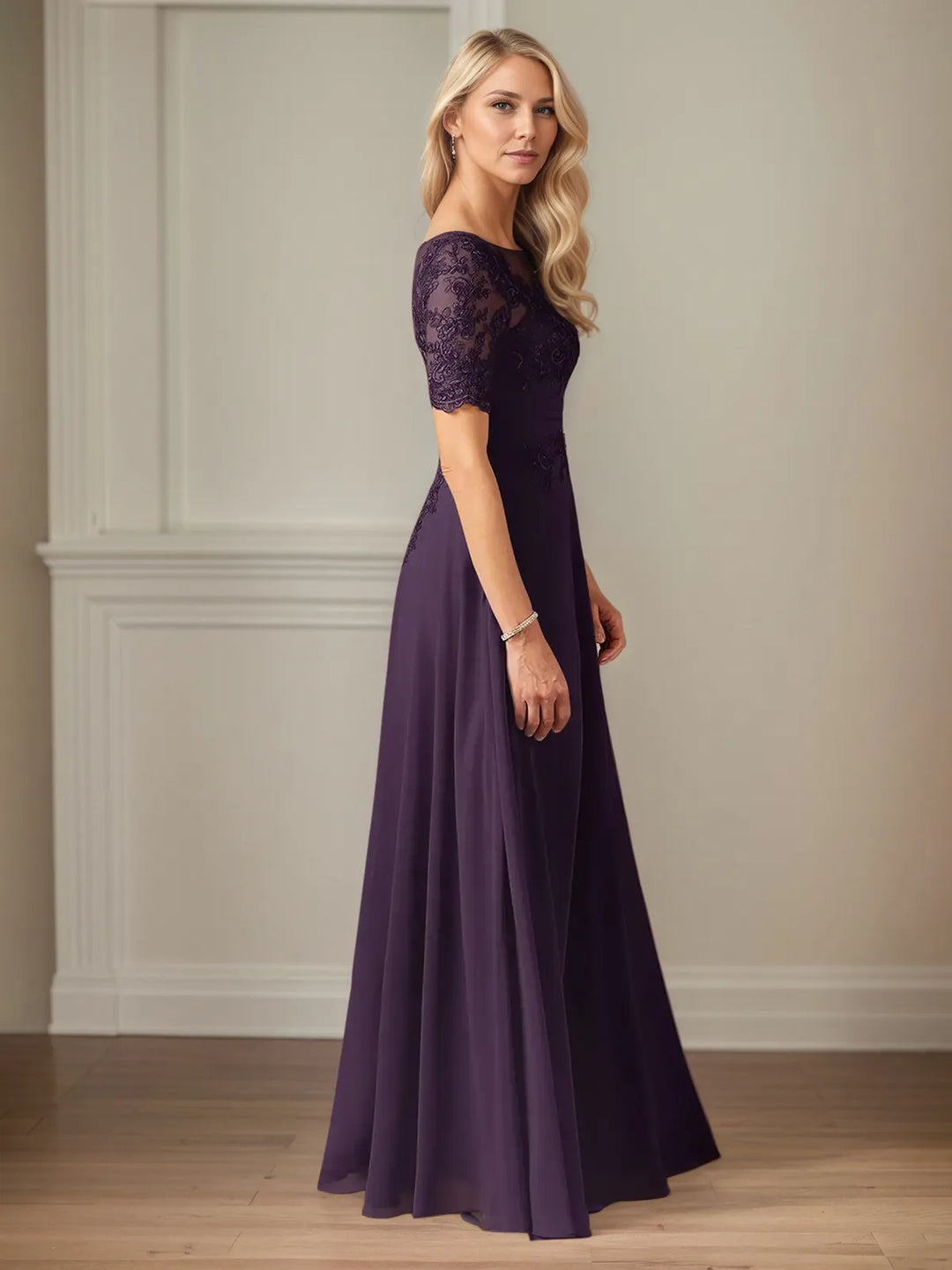 A-Line Chiffon Scoop Neck Short Sleeve Floor-Length Dress