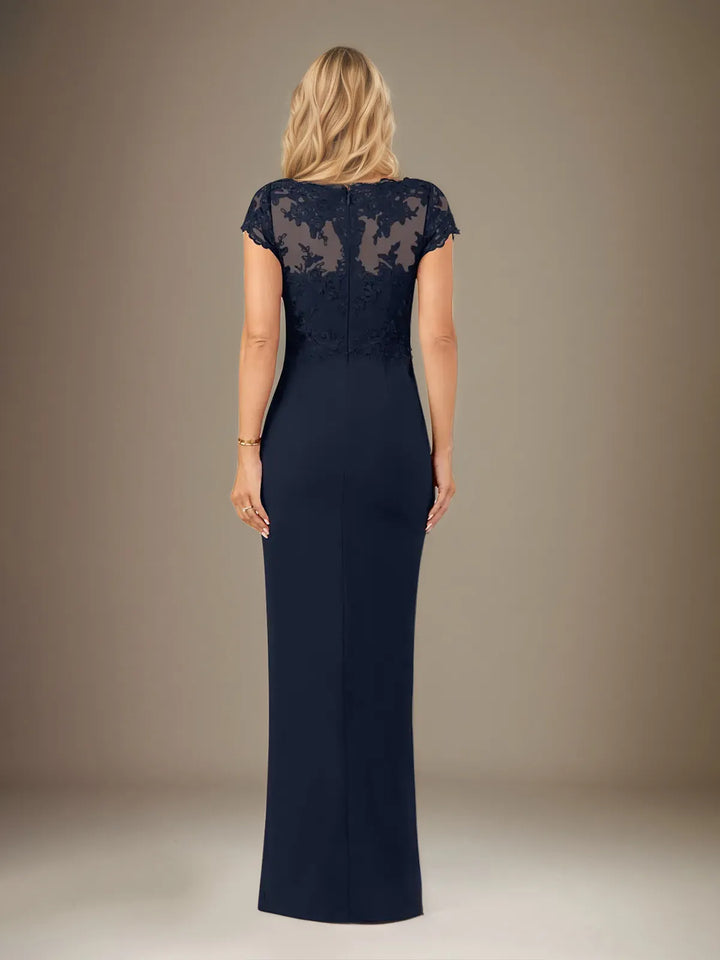 V-Neck Short Sleeve Floor-Length Chiffon Dress with Sheath/Column Silhouette and Cascading Ruffles