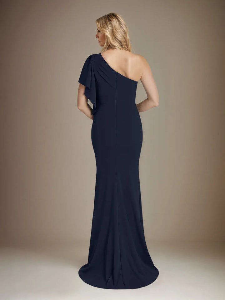 One-Shoulder Mermaid Stretch Crepe Dress with Short Sleeves, Ruffles, and Floor-Length Design