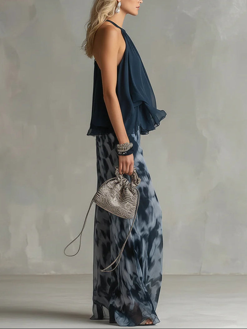 Imani | Chiffon Halter Top & Wide-Leg Printed Pants Set
