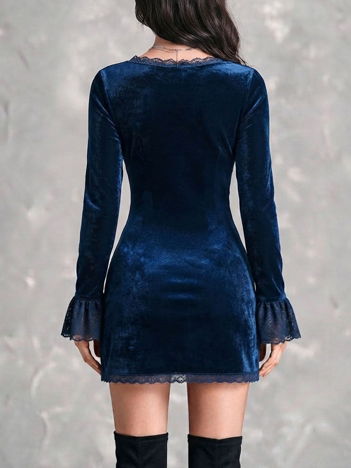 Romantic Vintage Lace Trim Velvet Lace-up Party Mini Dress