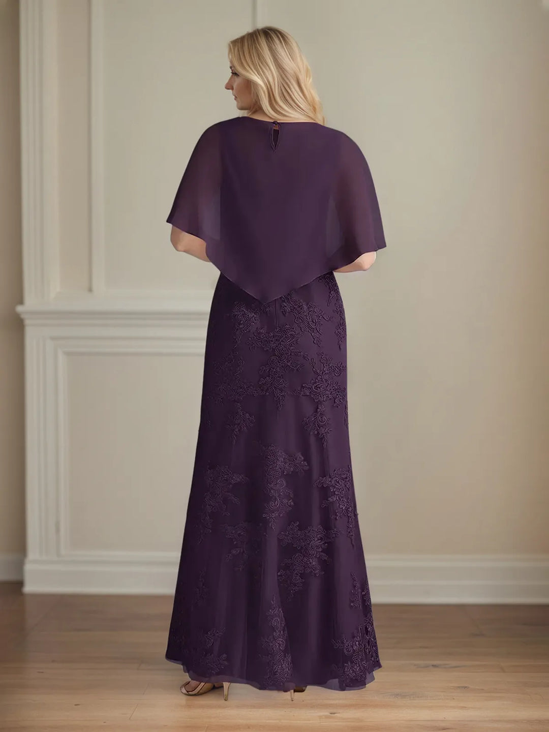 Mermaid Chiffon Floor-Length Dress with Scoop Neck and Cape Sleeves