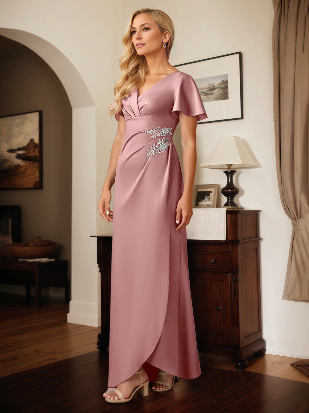 Satin Sheath Dress with V-Neck, Short Sleeves, and Floor-Length Design