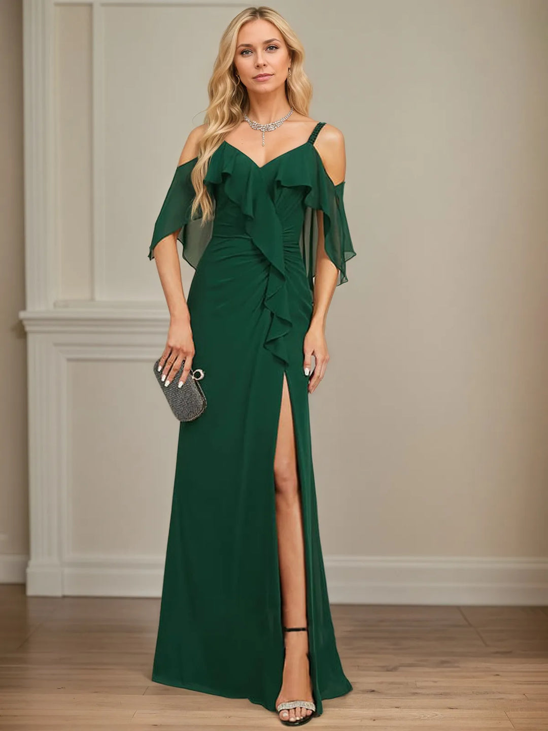 Sheath/Column Cold Shoulder V-Neck Floor-Length Chiffon Dress with Cascading Ruffles, Sequins, and Beading