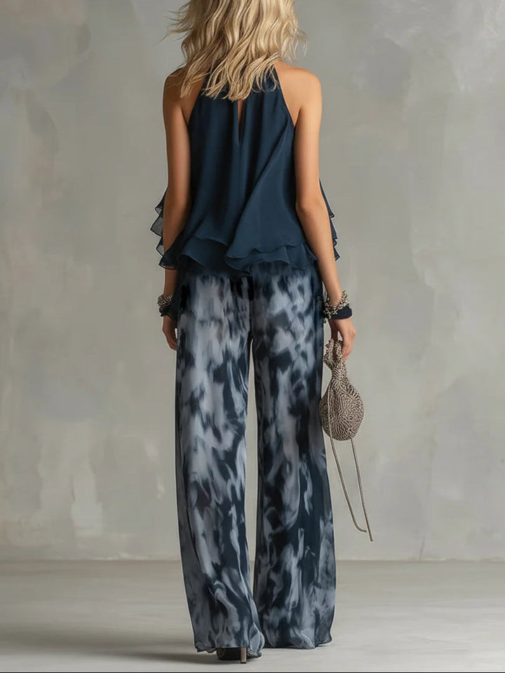 Imani | Chiffon Halter Top with Wide-Leg Printed Pants