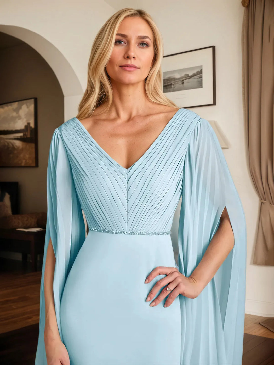 Chiffon V-Neck Sheath Dress with Long Sleeves and Floor-Length Design