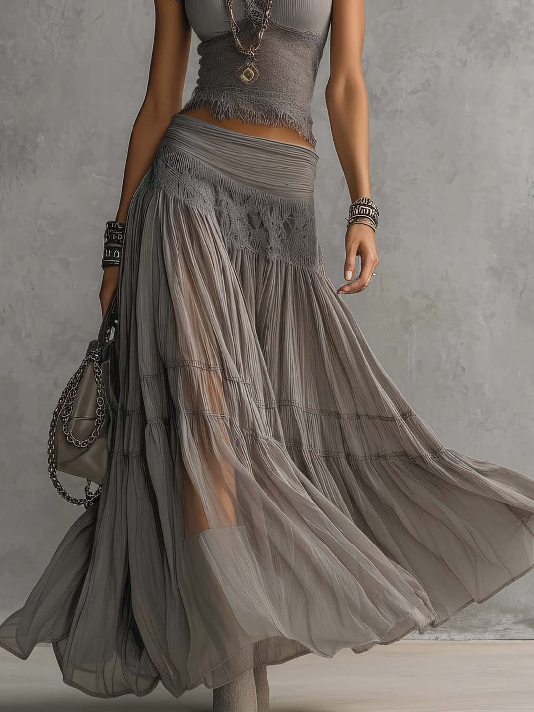 Simone | Ethereal Bohemian Chic Top with Lace Details & Pleated Maxi Chiffon Skirt