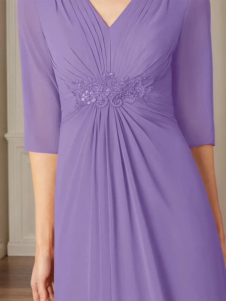 A Line Chiffon V Neck 3/4 Sleeves Floor Length Dress