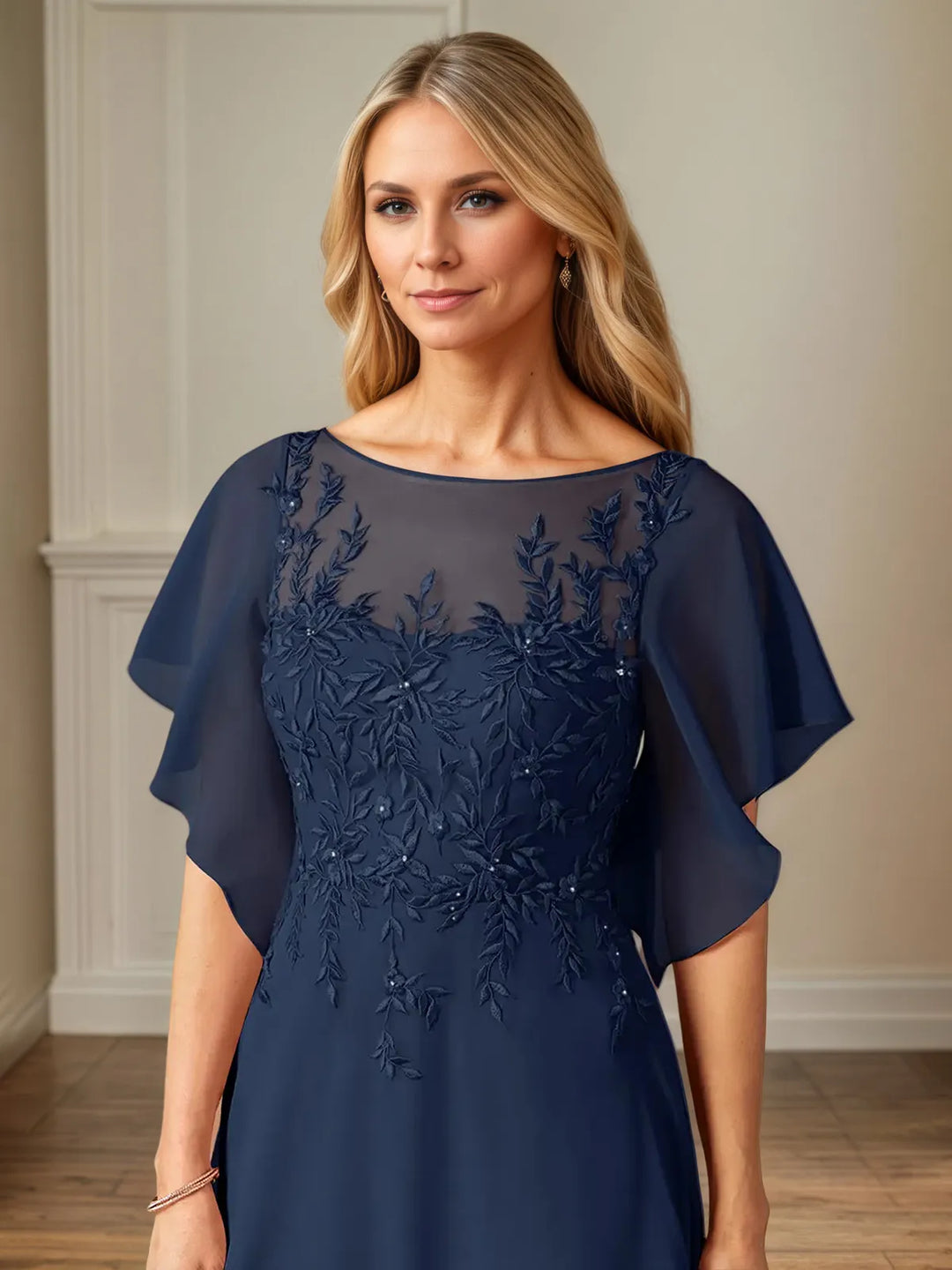 Chiffon A-Line Boat Neck Flutter Sleeve Floor-Length Dress