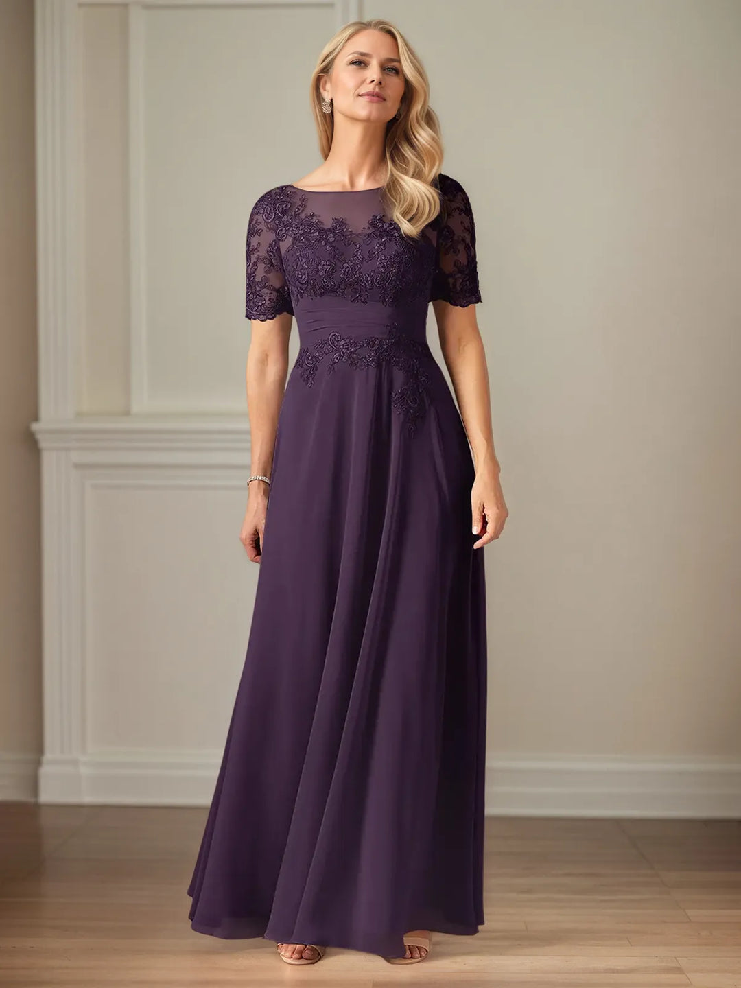 A-Line Chiffon Scoop Neck Short Sleeve Floor-Length Dress