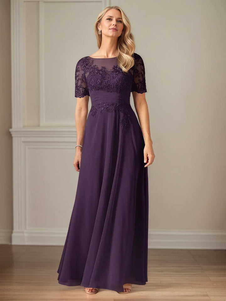 A-Line Chiffon Scoop Neck Short Sleeve Floor-Length Dress