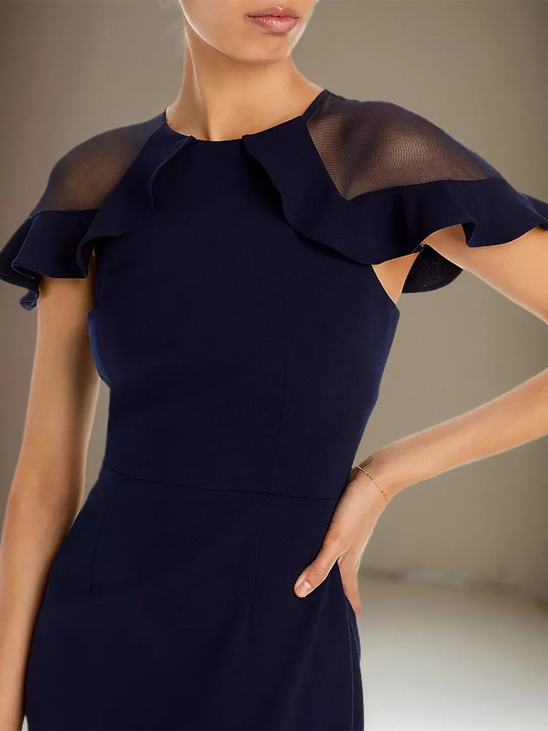 Sheath Dress with Column Stretch Crepe, Scoop Neck, Short Sleeves, Knee Length