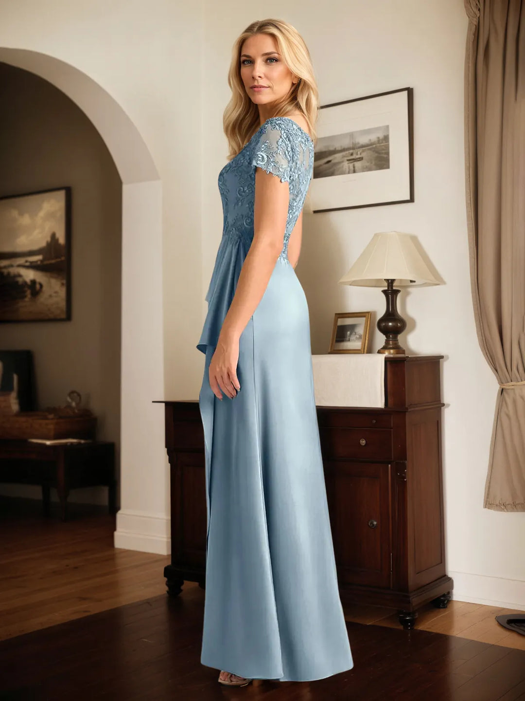 Satin A-Line V-Neck Short Sleeve Floor-Length Dress with Appliqué Details