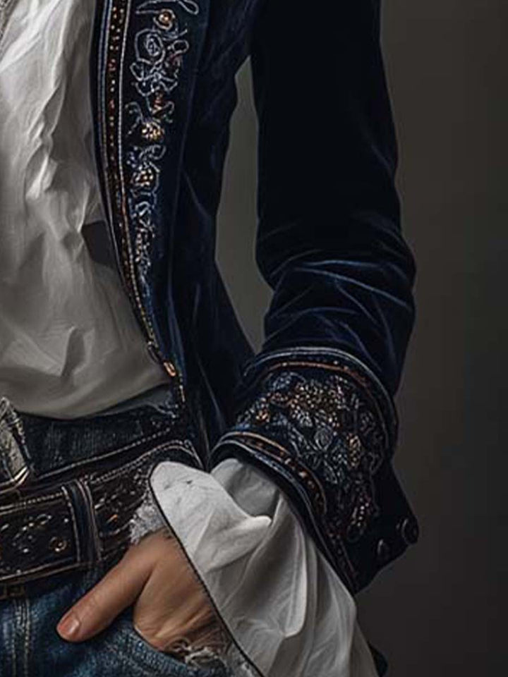 Women's Vintage Navy Embroidered Longline Jacket