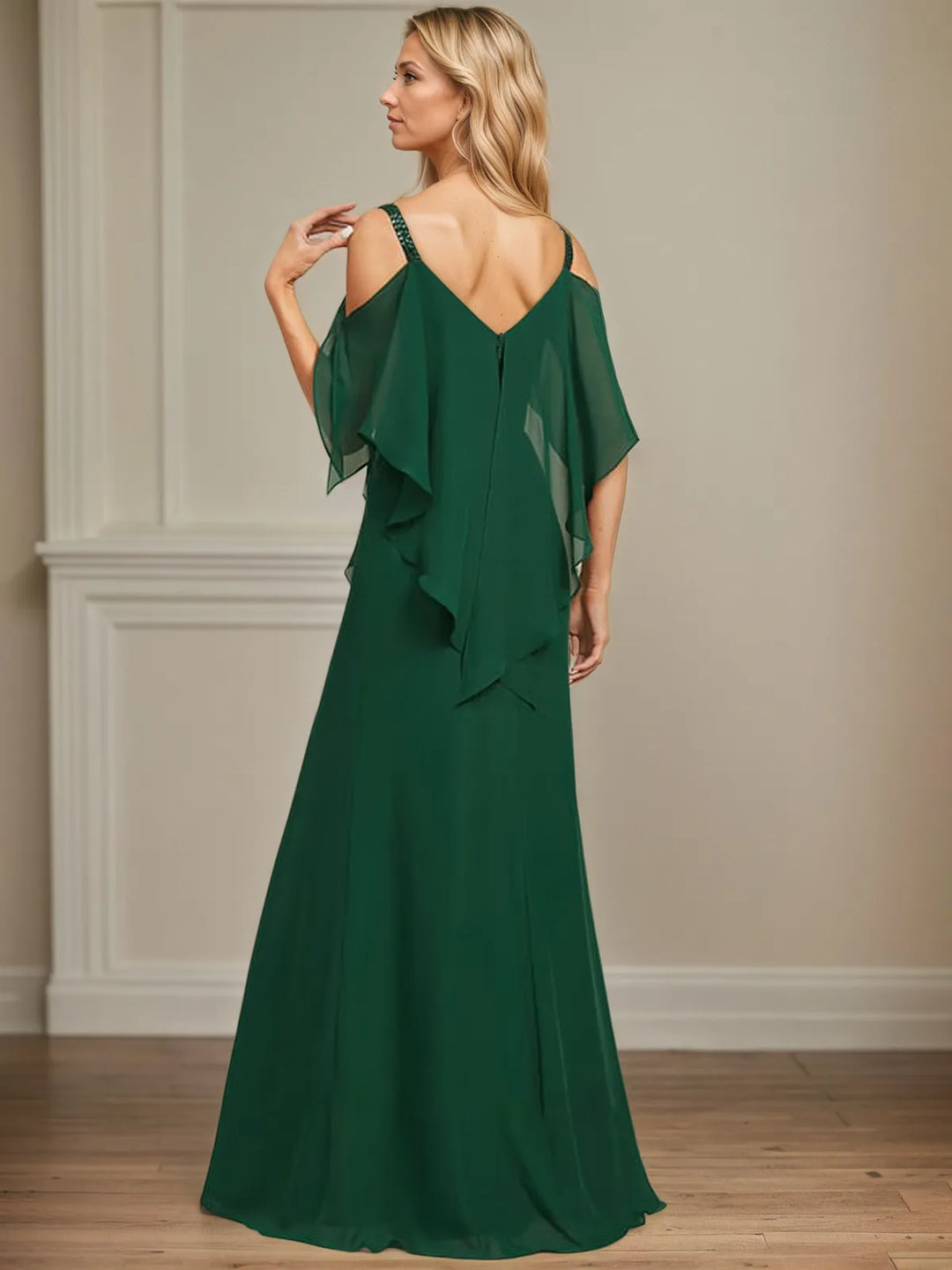 Sheath/Column Cold Shoulder V-Neck Floor-Length Chiffon Dress with Cascading Ruffles, Sequins, and Beading