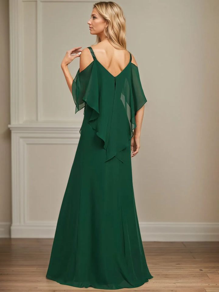 Sheath/Column Cold Shoulder V-Neck Floor-Length Chiffon Dress with Cascading Ruffles, Sequins, and Beading