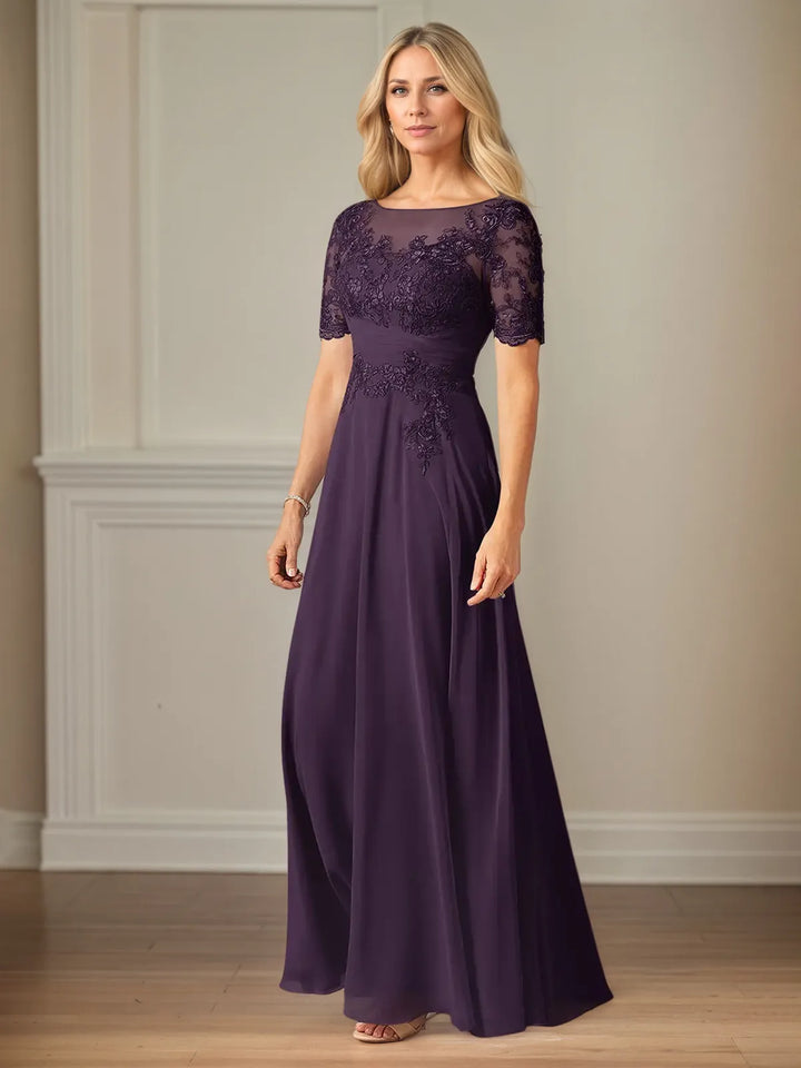 A-Line Chiffon Scoop Neck Short Sleeve Floor-Length Dress