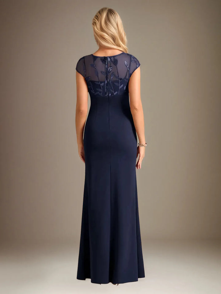 Mermaid-Style Stretch Crepe Dress with Scoop Neck, Cape Sleeves, and Floor-Length Design