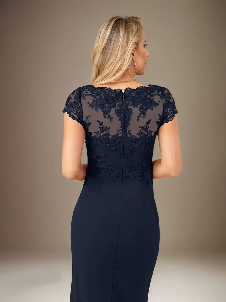 V-Neck Short Sleeve Floor-Length Chiffon Dress with Sheath/Column Silhouette and Cascading Ruffles
