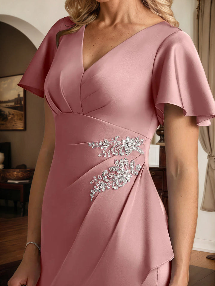 Satin Sheath Dress with V-Neck, Short Sleeves, and Floor-Length Design