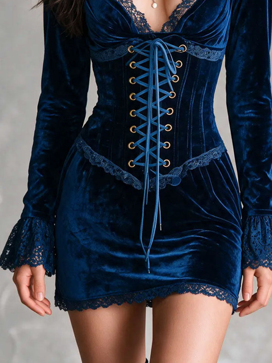 Romantic Vintage Lace Trim Velvet Lace-up Party Mini Dress