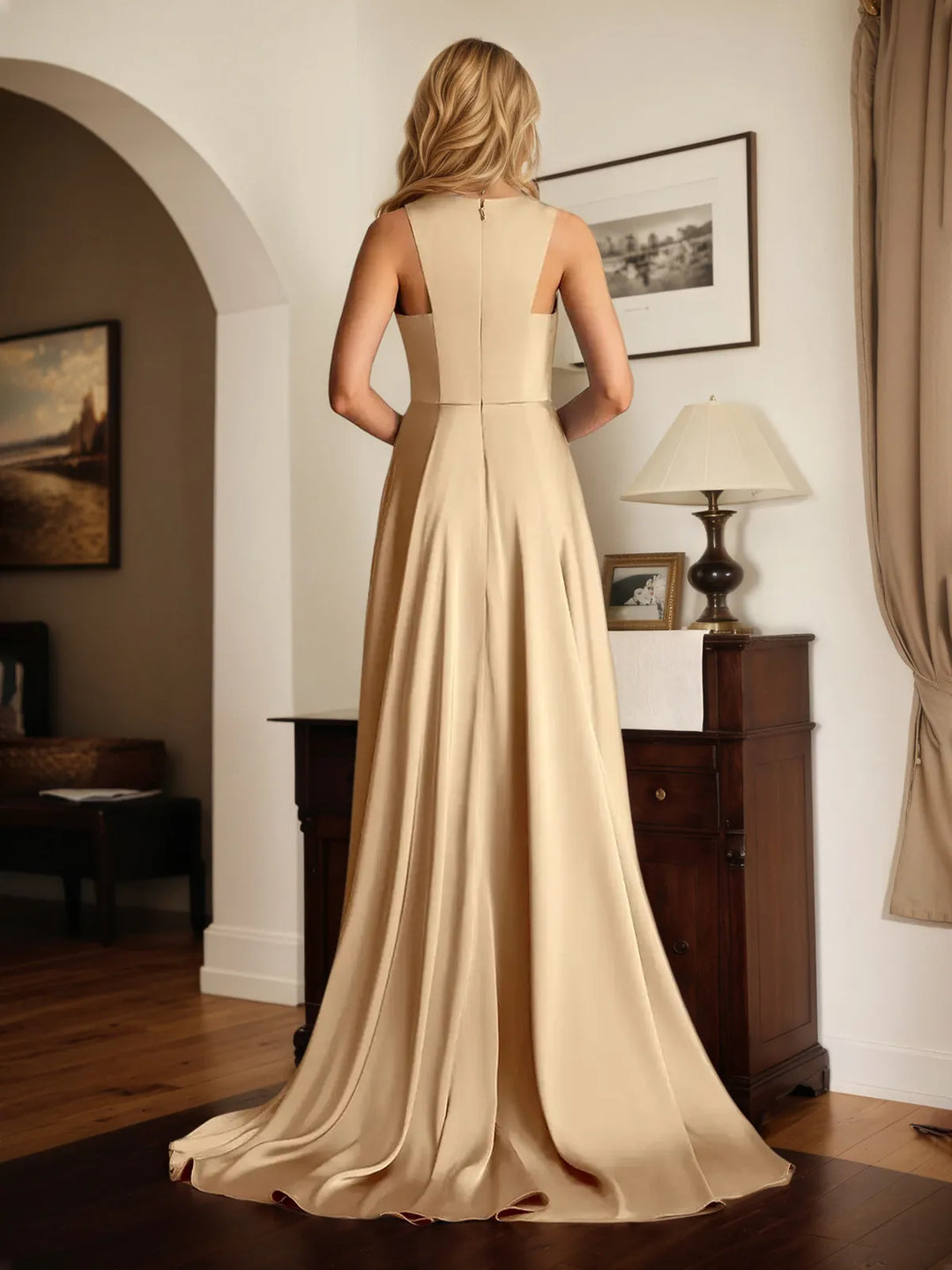 Satin A-Line Sleeveless Dress with Scoop Neck and Asymmetrical Hem
