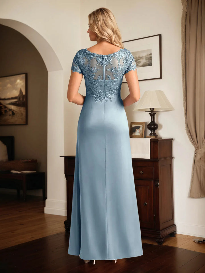 Satin A-Line V-Neck Short Sleeve Floor-Length Dress with Appliqué Details