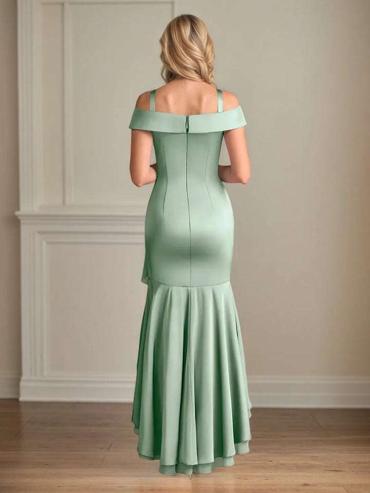 Off-the-Shoulder Satin Sheath Dress with Asymmetrical Hem and Sleeveless Design