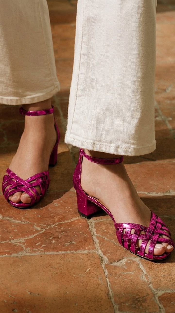 Melisande | Chunky Peep-Toe Woven Ankle Strap Buckle Heels