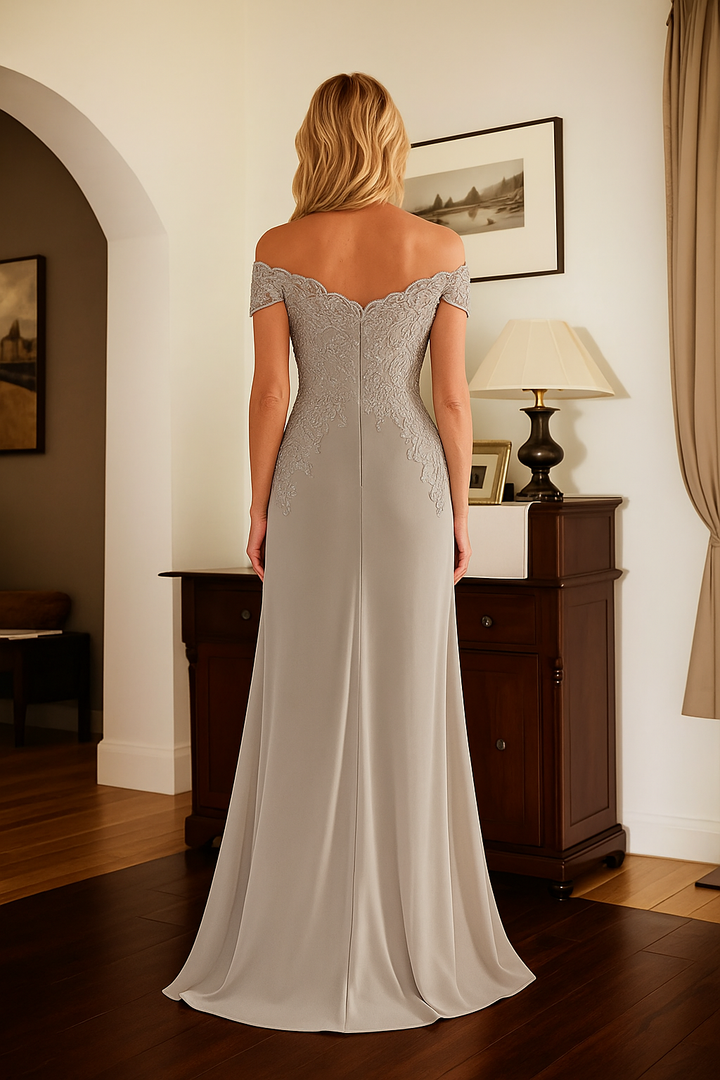Elegant Taupe Off-the-Shoulder Lace Sheath Dress for Mother of the Bride
