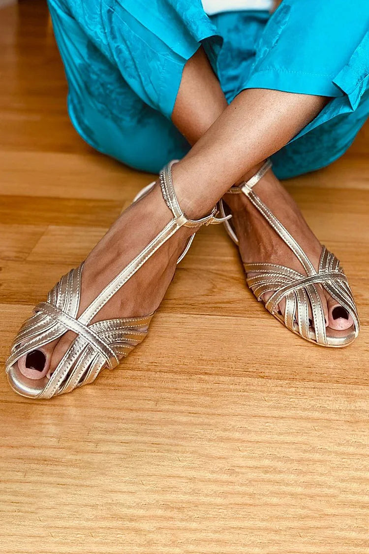 Cassandra – Peep-Toe Glossy Flat T-Strap Sandals