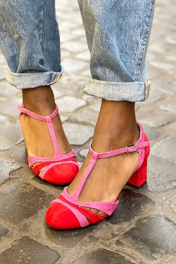 Xenia – Chunky Cut-Out Buckle T-Strap Heels