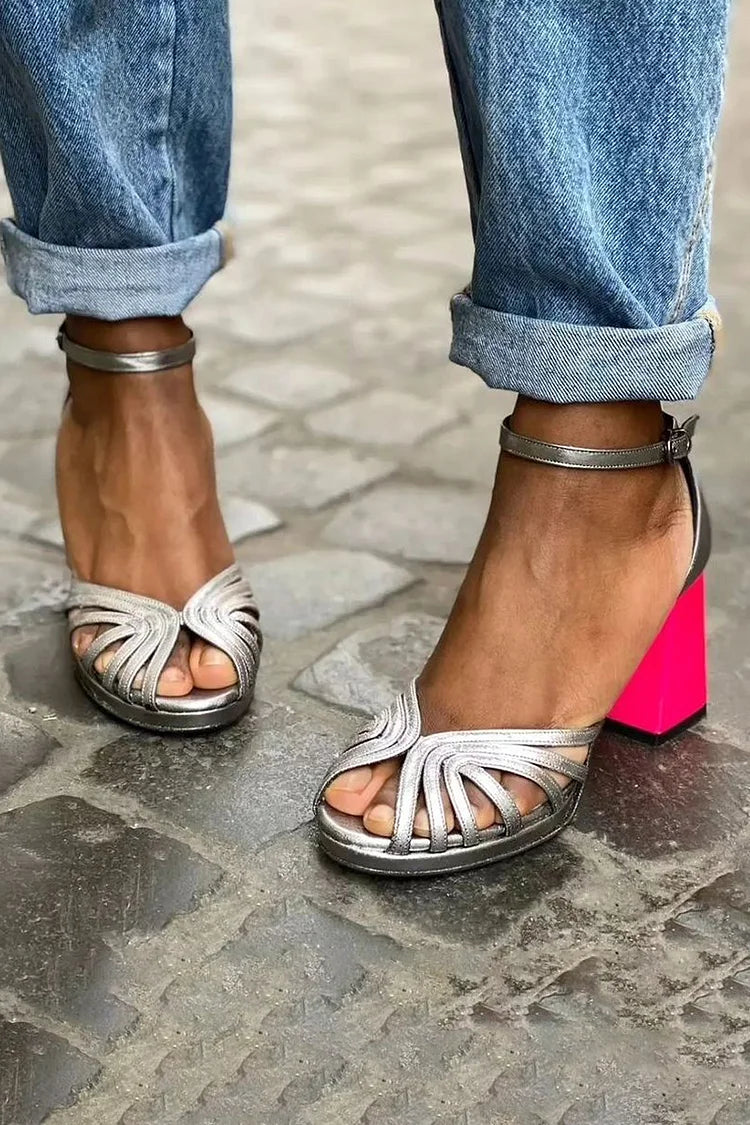 Leonora – Chunky Peep-Toe Sparkle Elegant Ankle Strap Buckle Heels