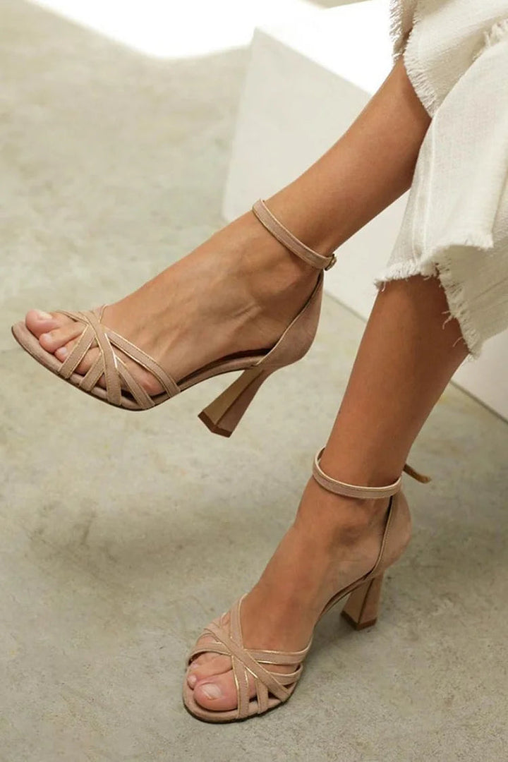 Catherine – Stiletto Peep-Toe Patchwork Ankle Strap Buckle Heels