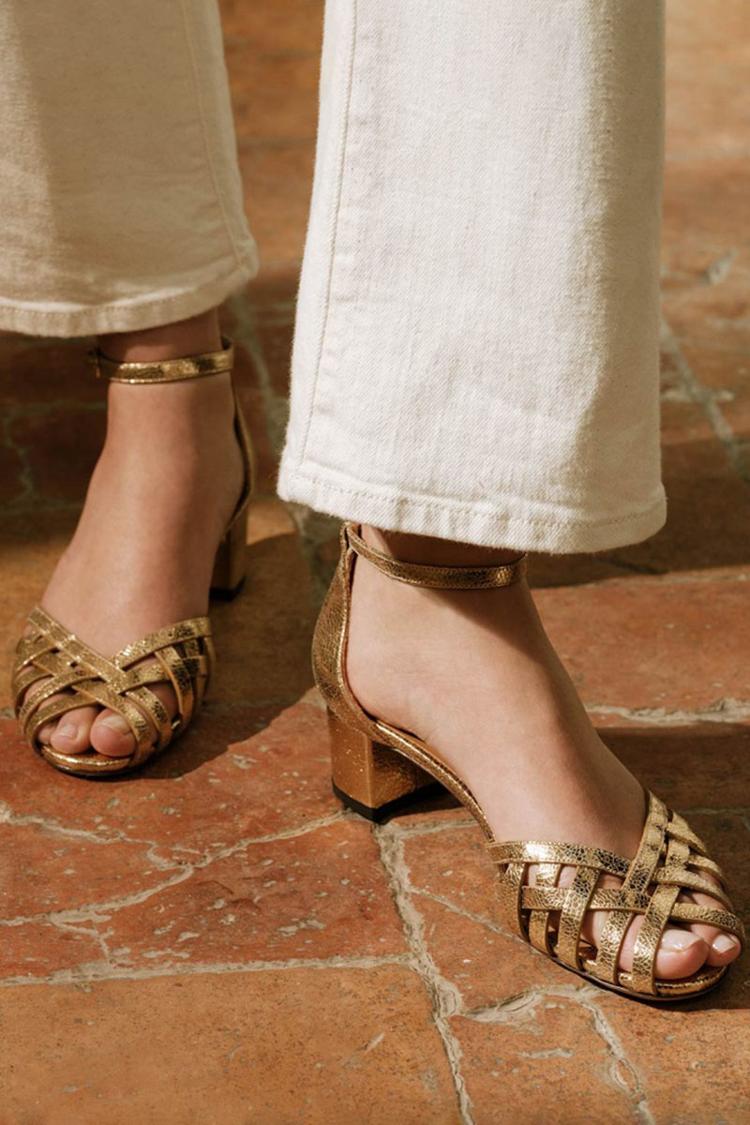 Melisande – Chunky Peep-Toe Woven Ankle Strap Buckle Heels