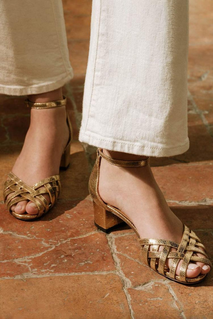Melisande – Chunky Peep-Toe Woven Ankle Strap Buckle Heels