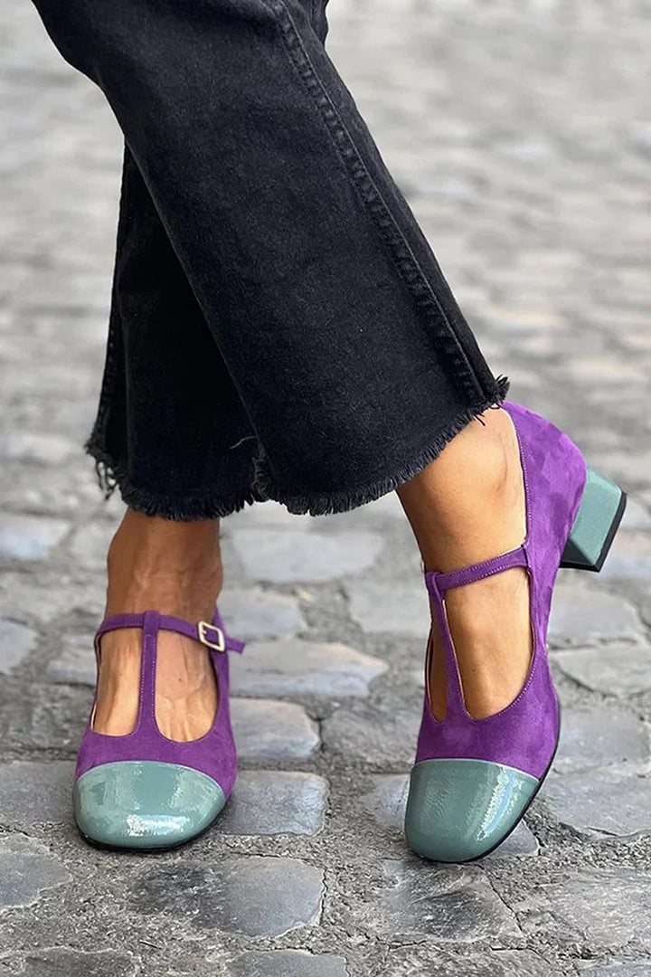 Elise – Chunky Round-Toe Buckle T-Strap Heels