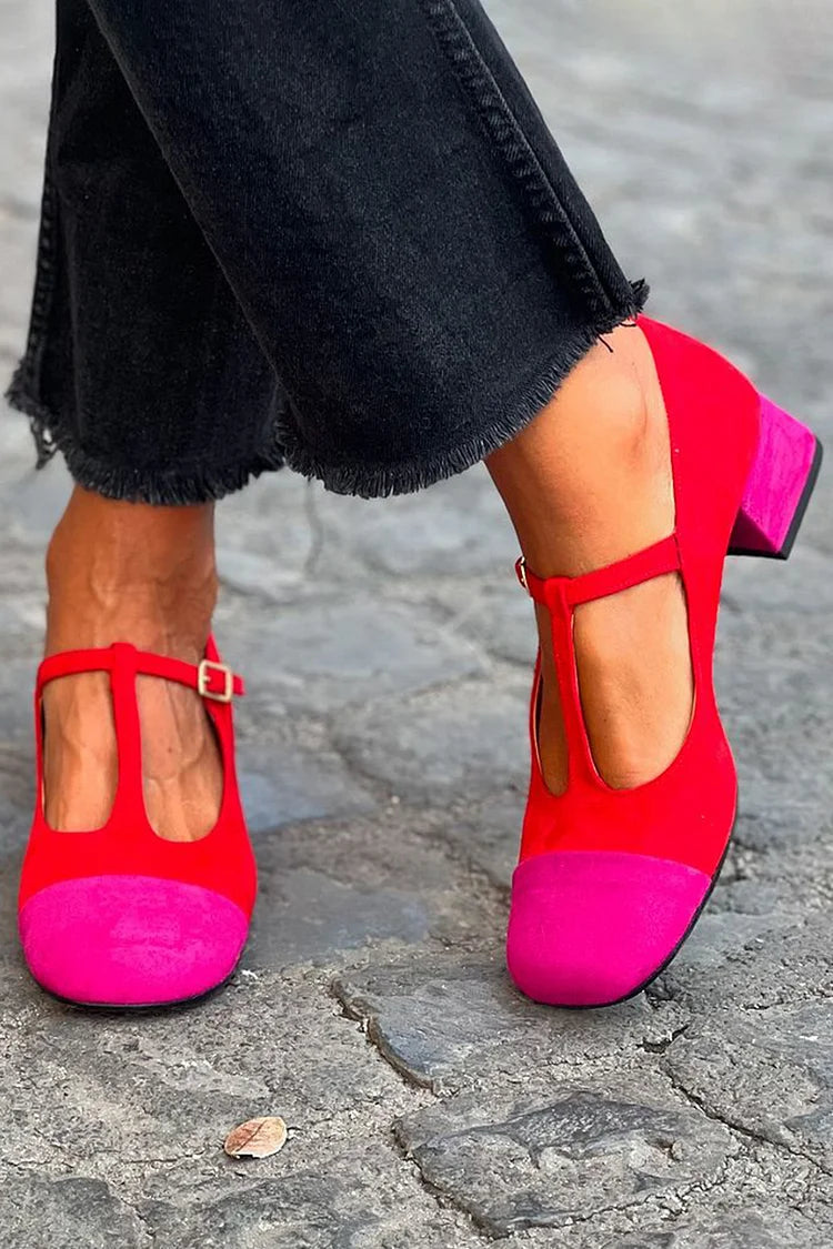 Hyacinth – Chunky Patchwork Round-Toe Buckle T-Strap Heels