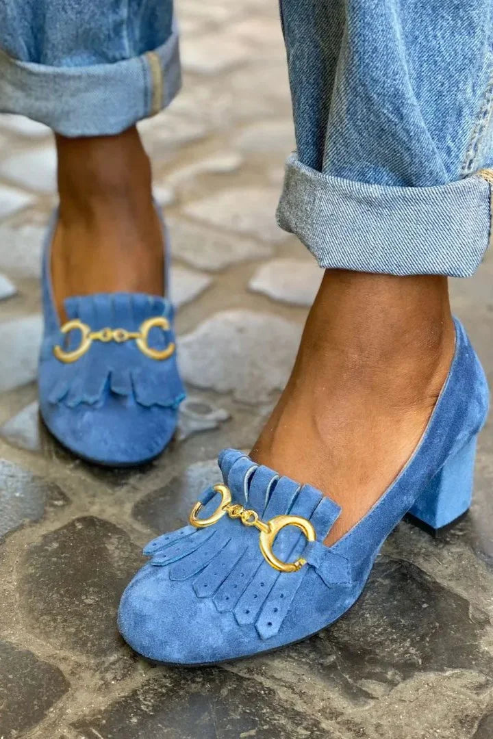 Nadine – Chunky Matte Round-Toe Buckle Fringe Heels