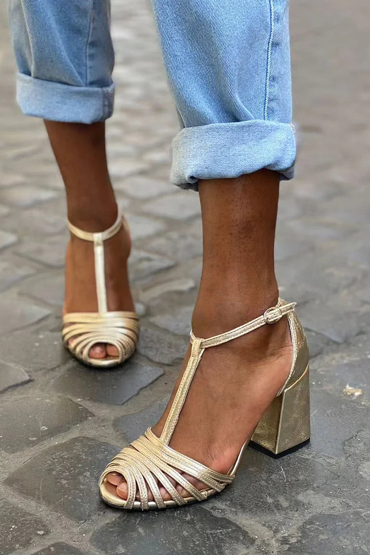 Monica – Chunky Peep-Toe Buckle T-Strap Strappy Heels