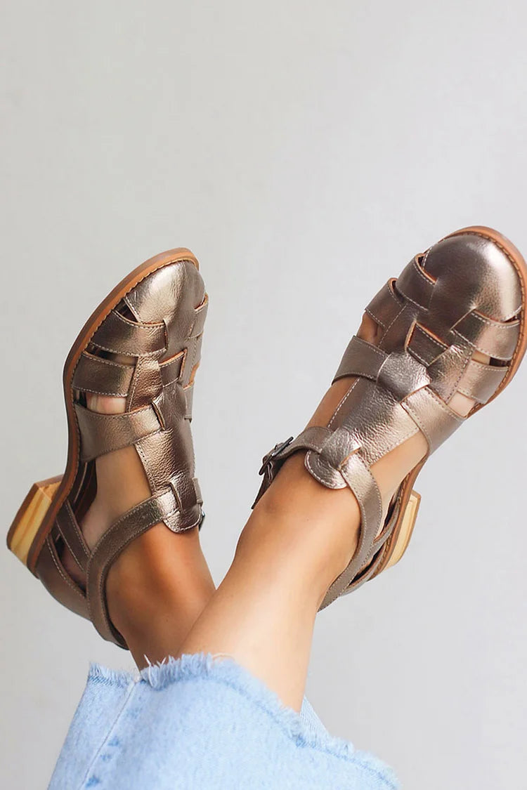 Marjorie – Woven Glossy Metallic Round-Toe Flats