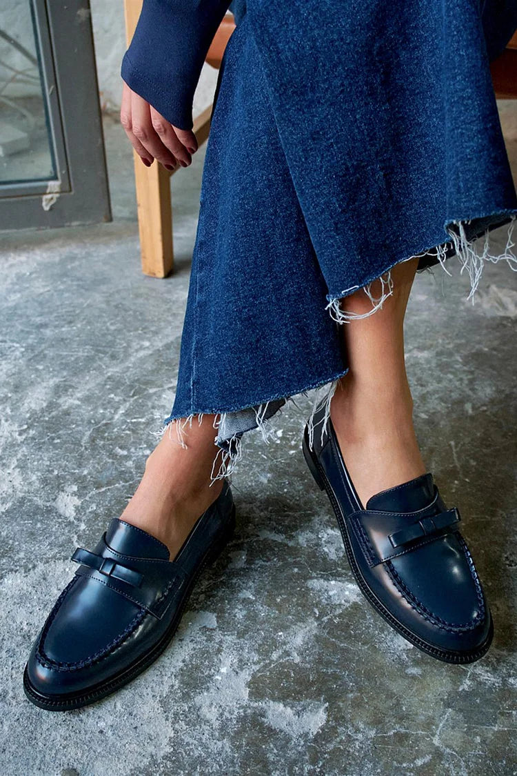 Rosalie – Patchwork Round-Toe Solid Bow Loafers
